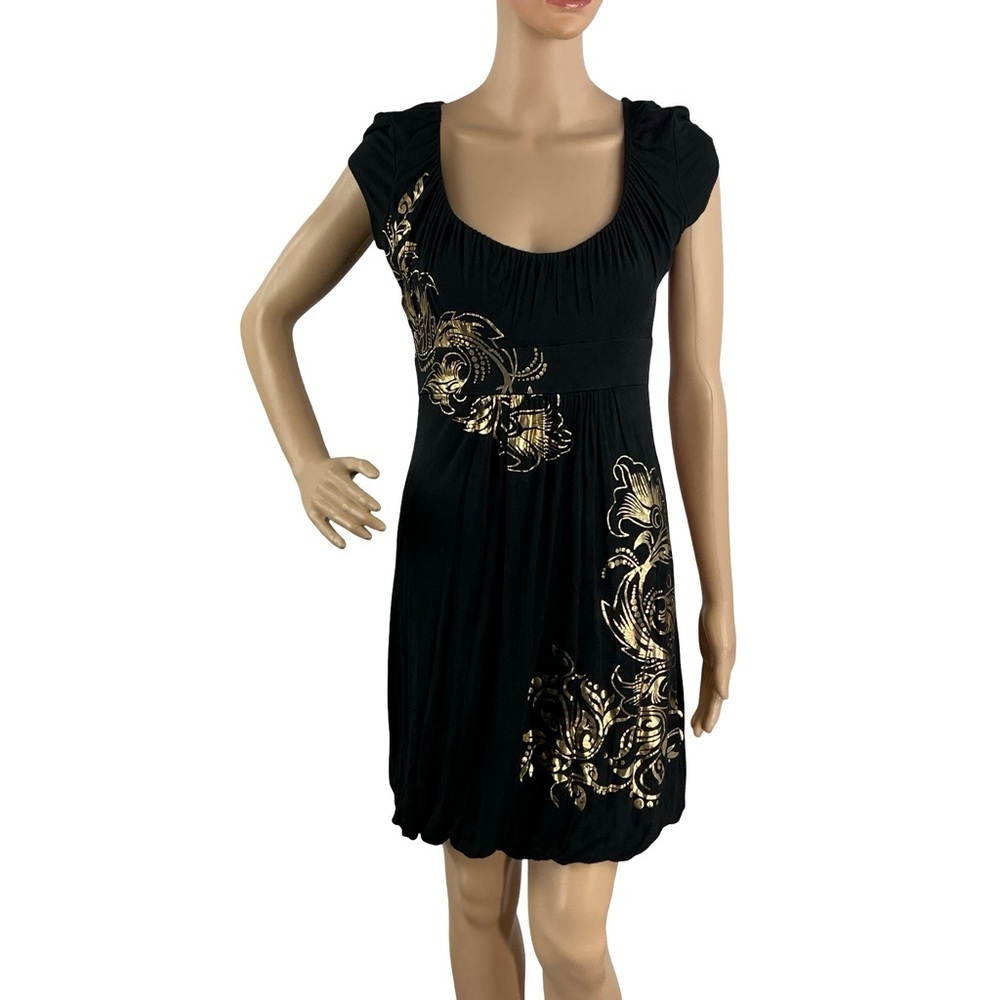 Cache Black Mini Dress Gold Print Size M